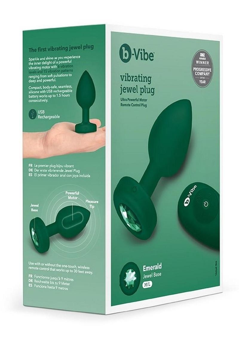 B-Vibe Vibrating Jewel Plug Rechargeable Silicone Anal Plug with Remote - Emerald/Green - Large/Medium