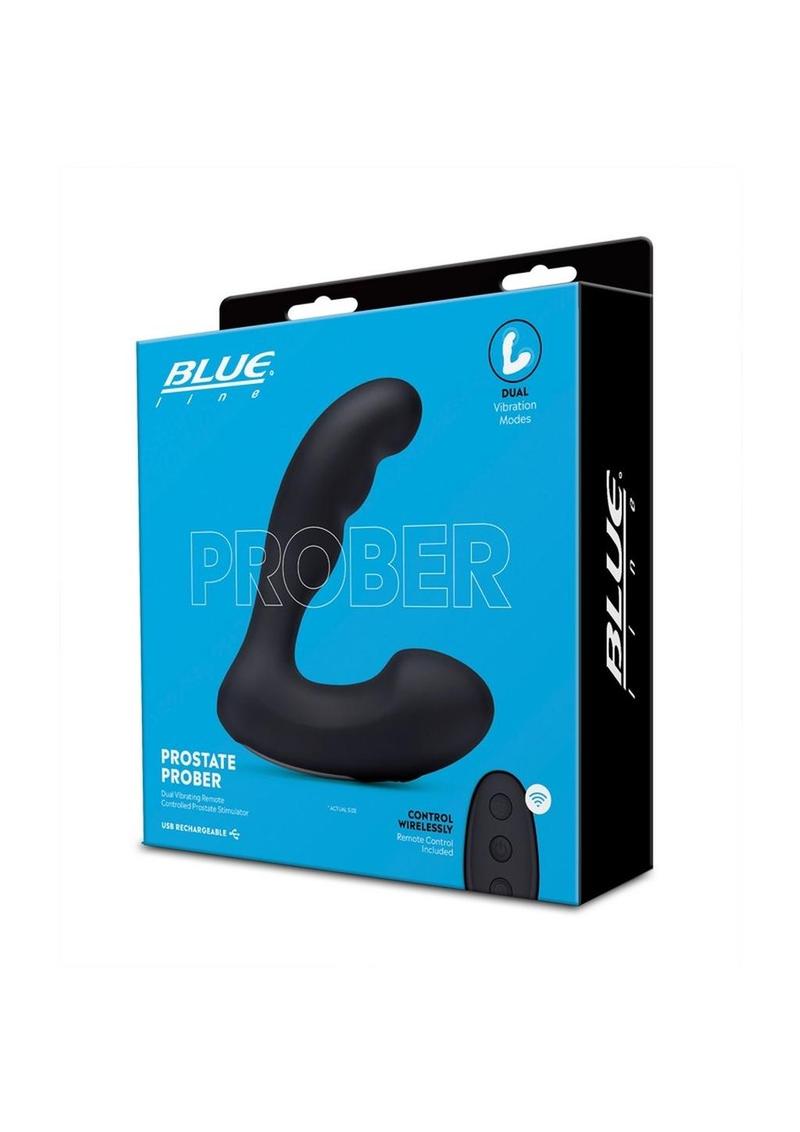 Blue Line Prober Silicone Rechargeable Dual Vibrating Remote Controlled Prostate Stimulator - Black