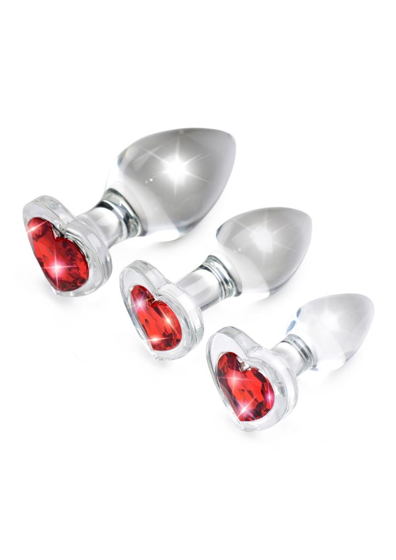 Booty Sparks Red Heart Gem Glass Plug - Clear/Red - Large/Medium/Small - 3pc/Set