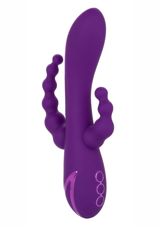 California Dreaming Long Beach Bootylicious Rechargeable Silicone Dual Penetrating Rabbit Vibrator - Purple