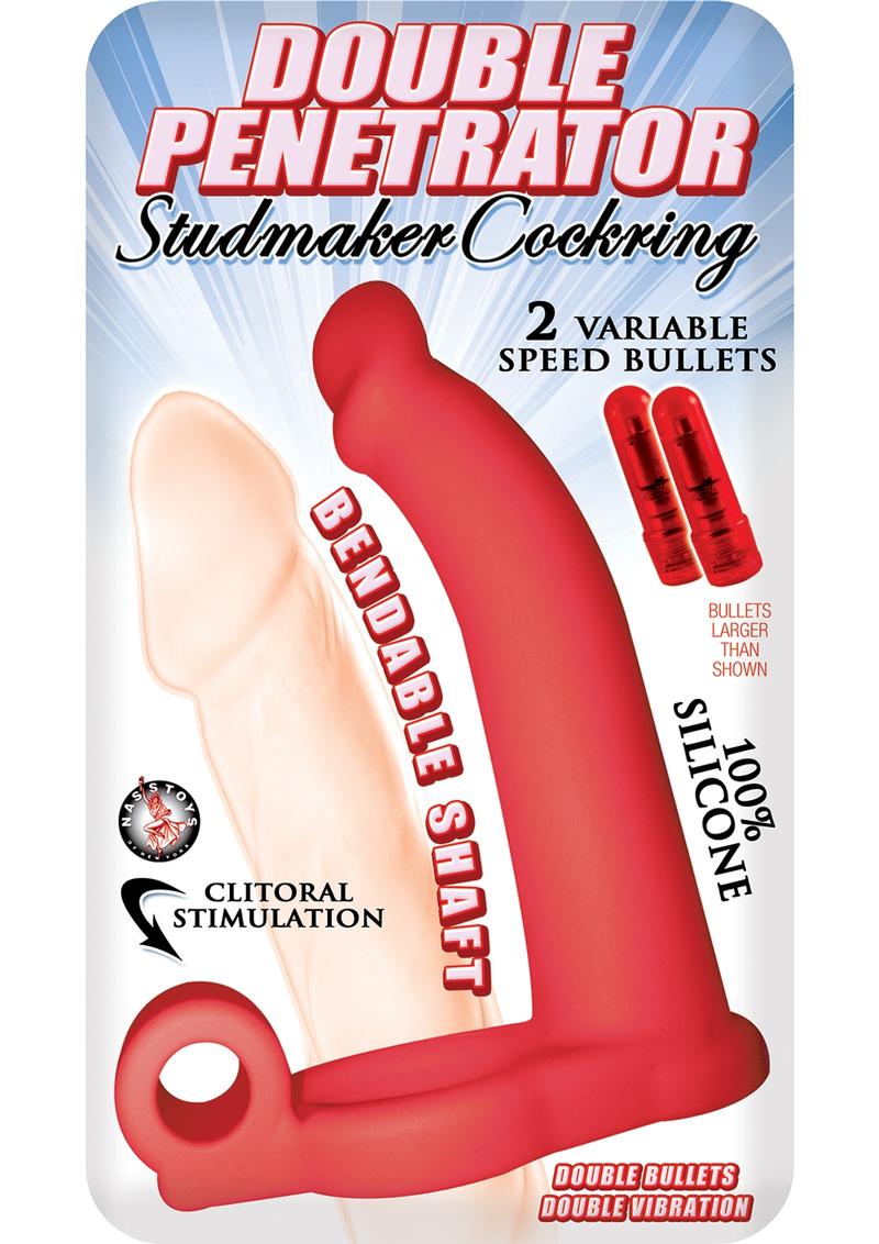 Double Penetrator Studmaker Silicone Vibrating Cock Ring - Red