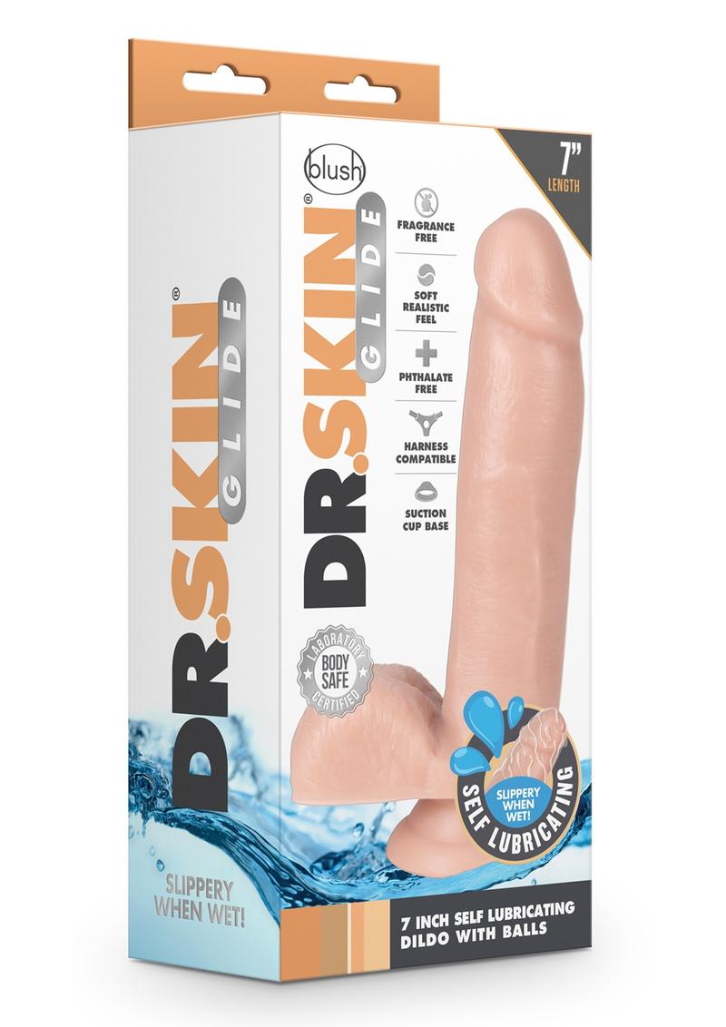 Dr. Skin Glide Self Lubricating Dildo with Balls - Vanilla - 7in