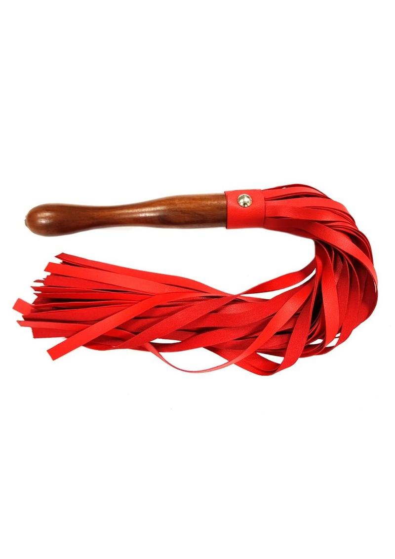 Fetish Play Wooden Handle Flogger Vegan Leather - Red