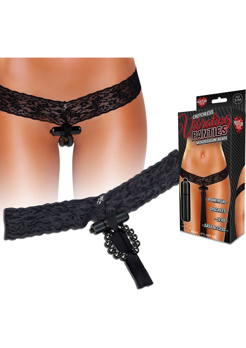 Hustler Toys Crotchless Vibrating Panties Panty Vibe with Pleasure Beads - Black - Large/Medium