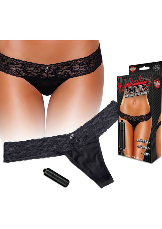 Hustler Toys Vibrating Panties Panty Vibe Lace Thong with Hidden Vibe Pocket - Black - Medium/Small