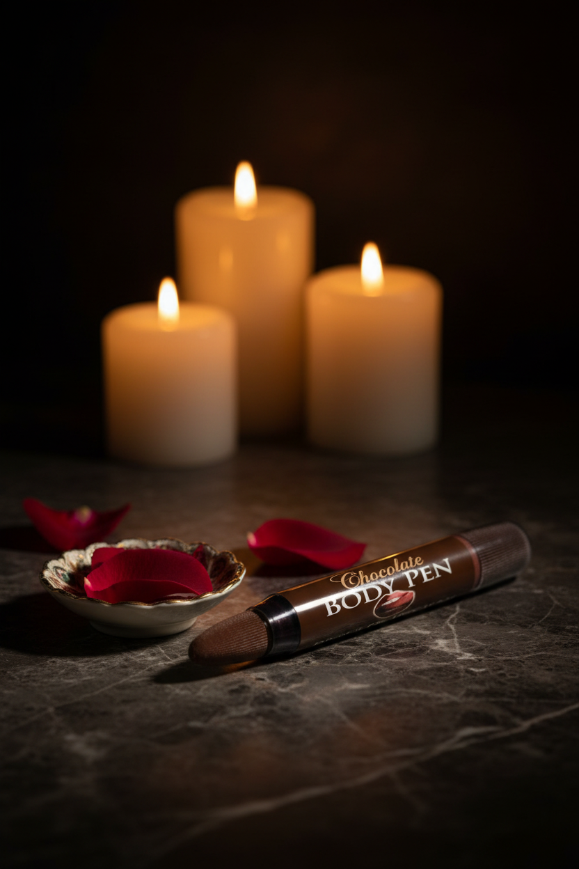 Milk Chocolate Body Pen on marble surface with rose petals and candlelight