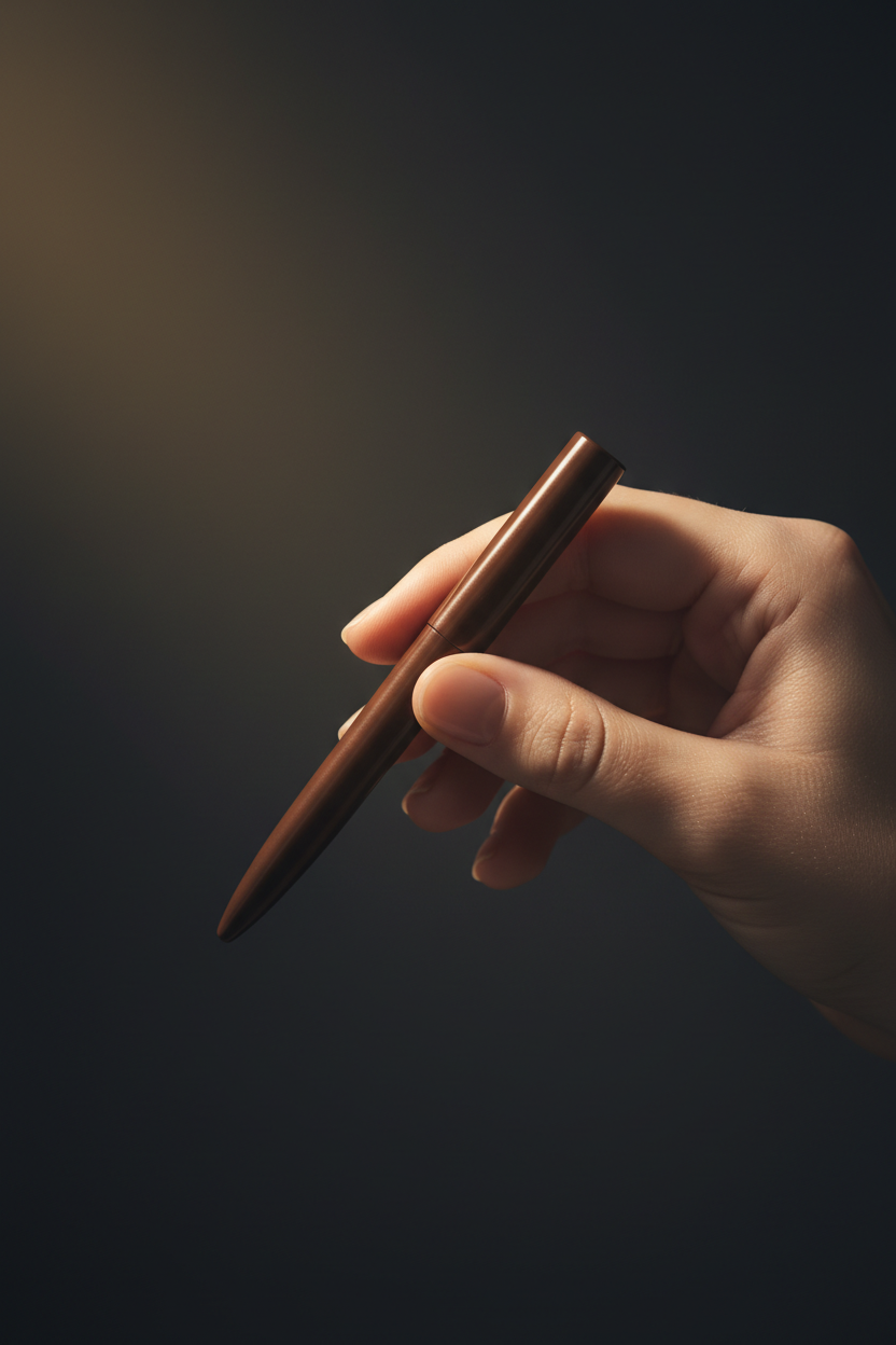 Milk Chocolate Body Pen held between fingers showing compact size