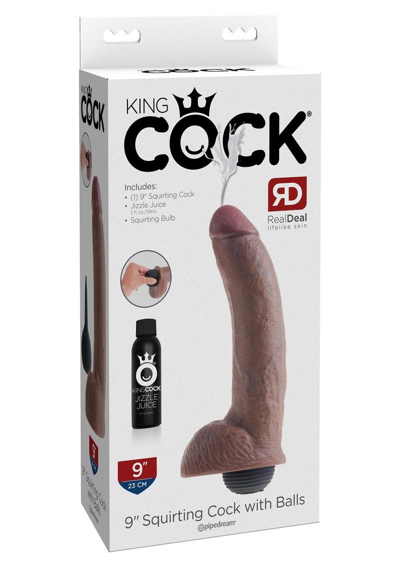 King Cock Squirting Dildo with Balls - Brown/Chocolate - 9in