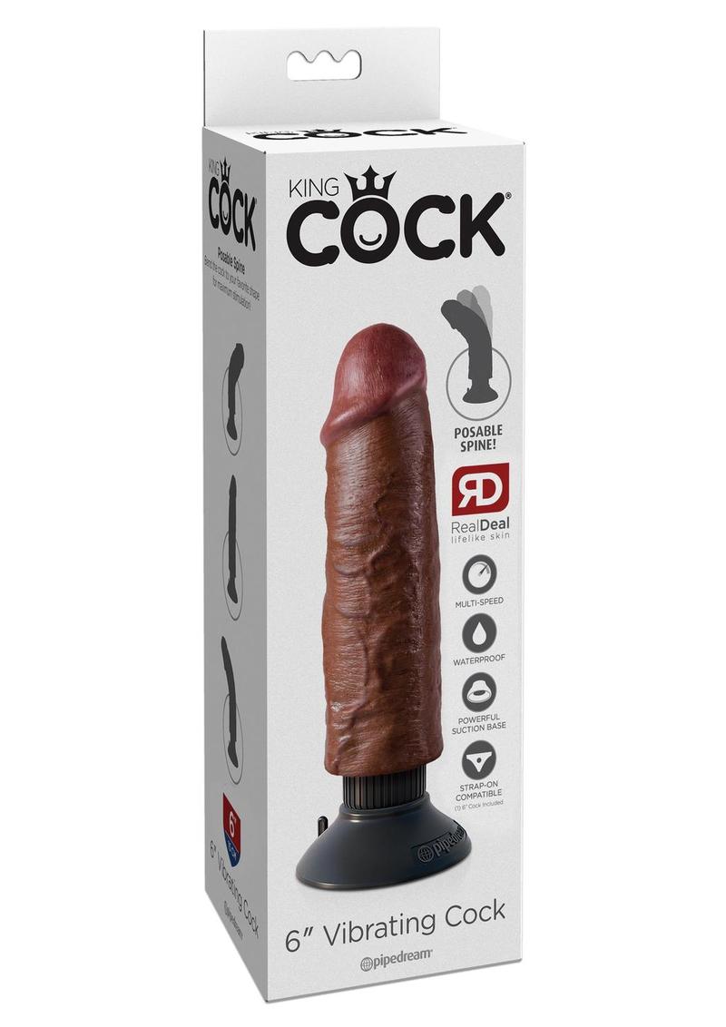 King Cock Vibrating Realistic Dildo Waterproof - Chocolate - 6in