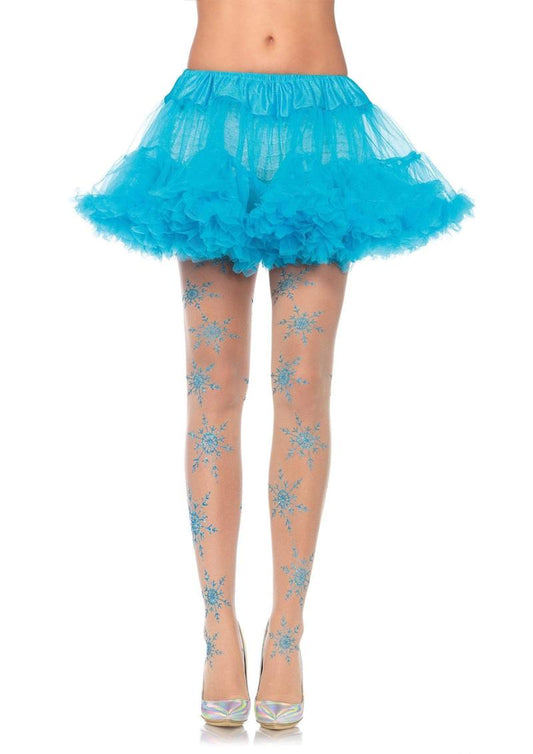 Leg Avenue Let It Snow Spandex Sheer Glitter Snowflake Pantyhose - Blue/Nude - One Size