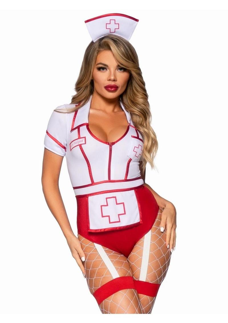 Leg Avenue Nurse Feelgood Snap Crotch Garter Bodysuit with Attached Apron and Hat Headband - Red/White - Medium - 2 Piece