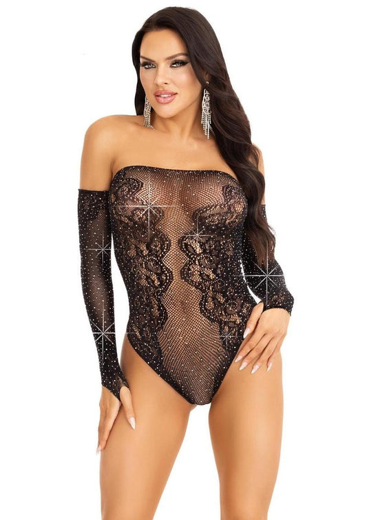 Leg Avenue Rhinestone Net and Lace Off The Shoulder Teddy - Black - One Size