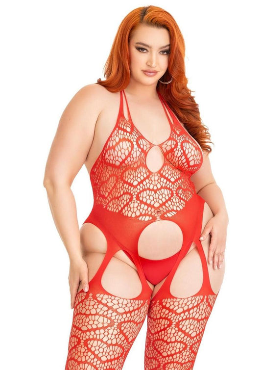 Leg Avenue Seamless Heart Net Suspender Bodystocking - Red - Queen/XLarge/XXLarge