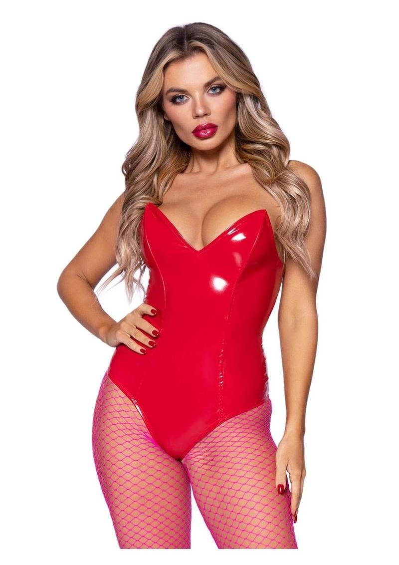 Leg Avenue Vinyl Boned Bodysuit - Red - Large