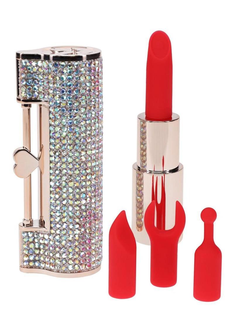 Loveline Diamond Lipstick Rechargeable Silicone Vibrator with Interchangeable Heads - Multicolor/Rainbow