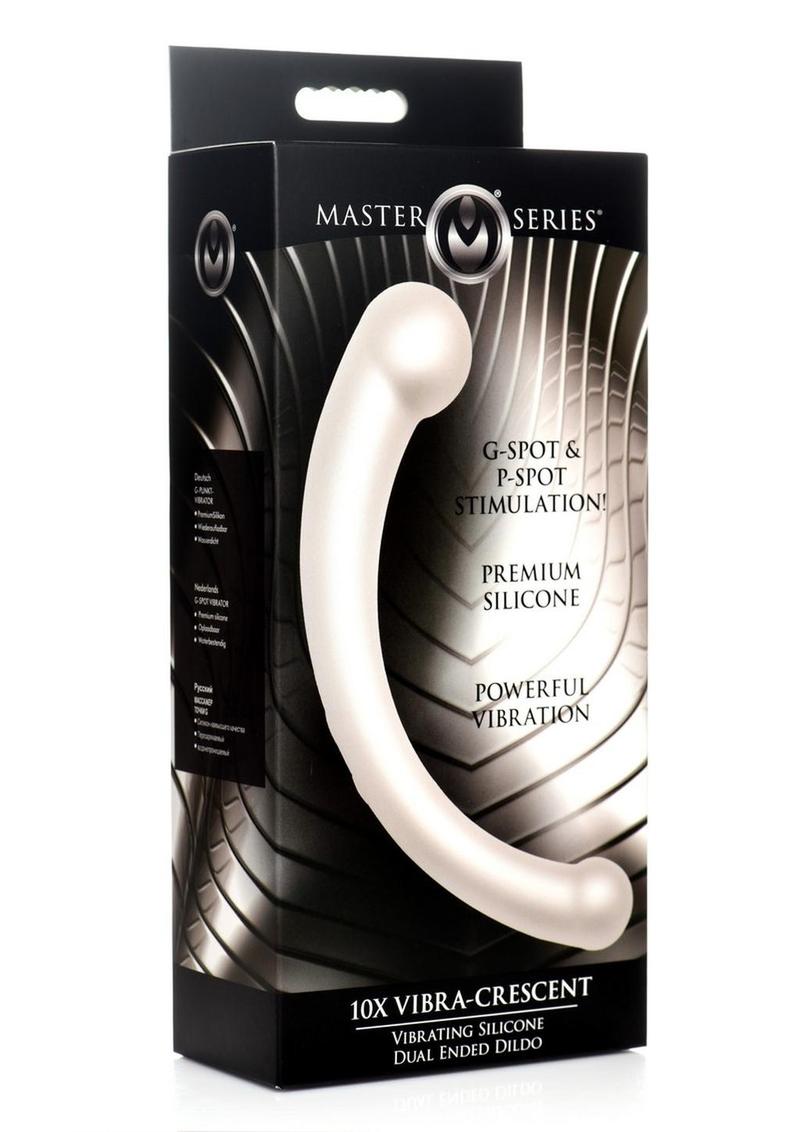 Master Series 10x Vibra-Crescent Rechargeable Silicone Vibrating Dual Ended Dildo - Silver