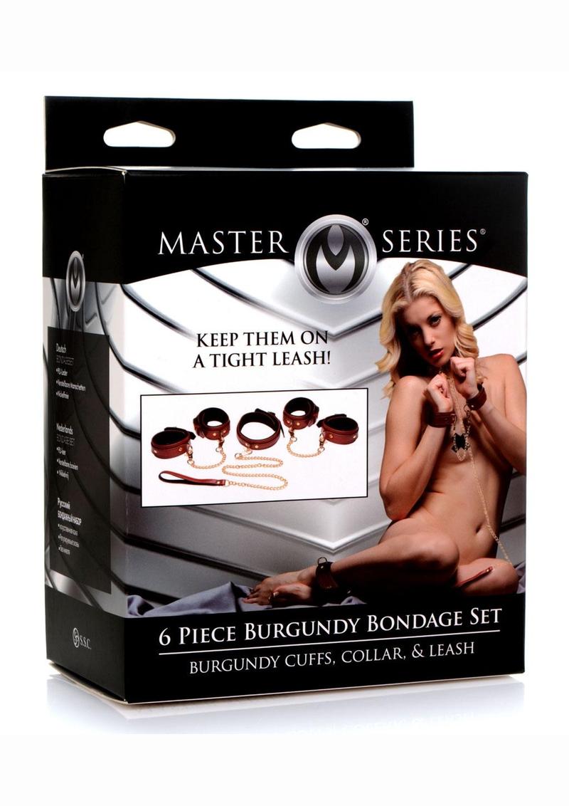 Master Series Bondage Set Cuffs, Collar, and Leash - Burgundy/Gold/Metal/Red - 6 Piece