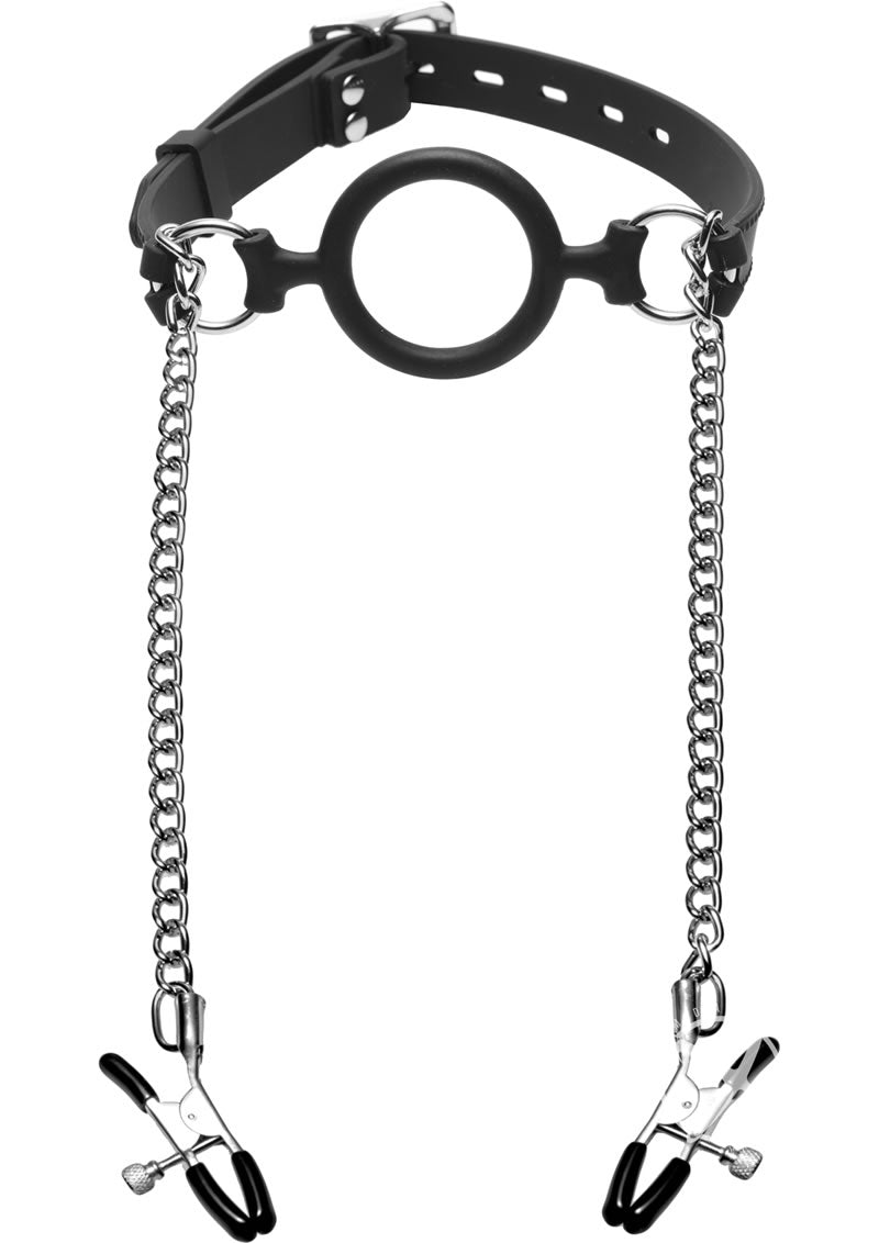 Master Series Mutiny Silicone O-Ring Gag with Nipple Clamps - Black