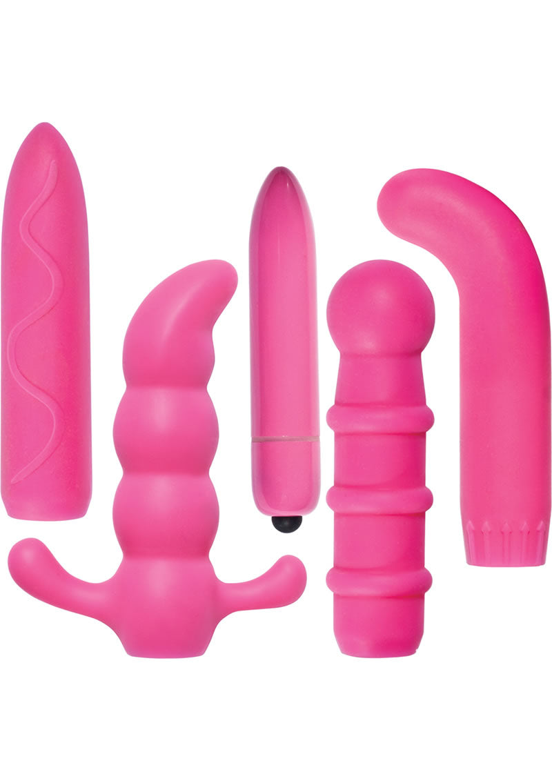 Naughty Explorer Silicone Vibrator Kit with Sleeves - Pink