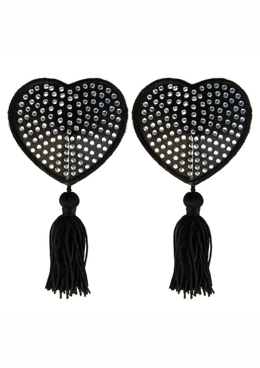 Peekaboo Satin with Stone and Tassel Pasties - Black/White