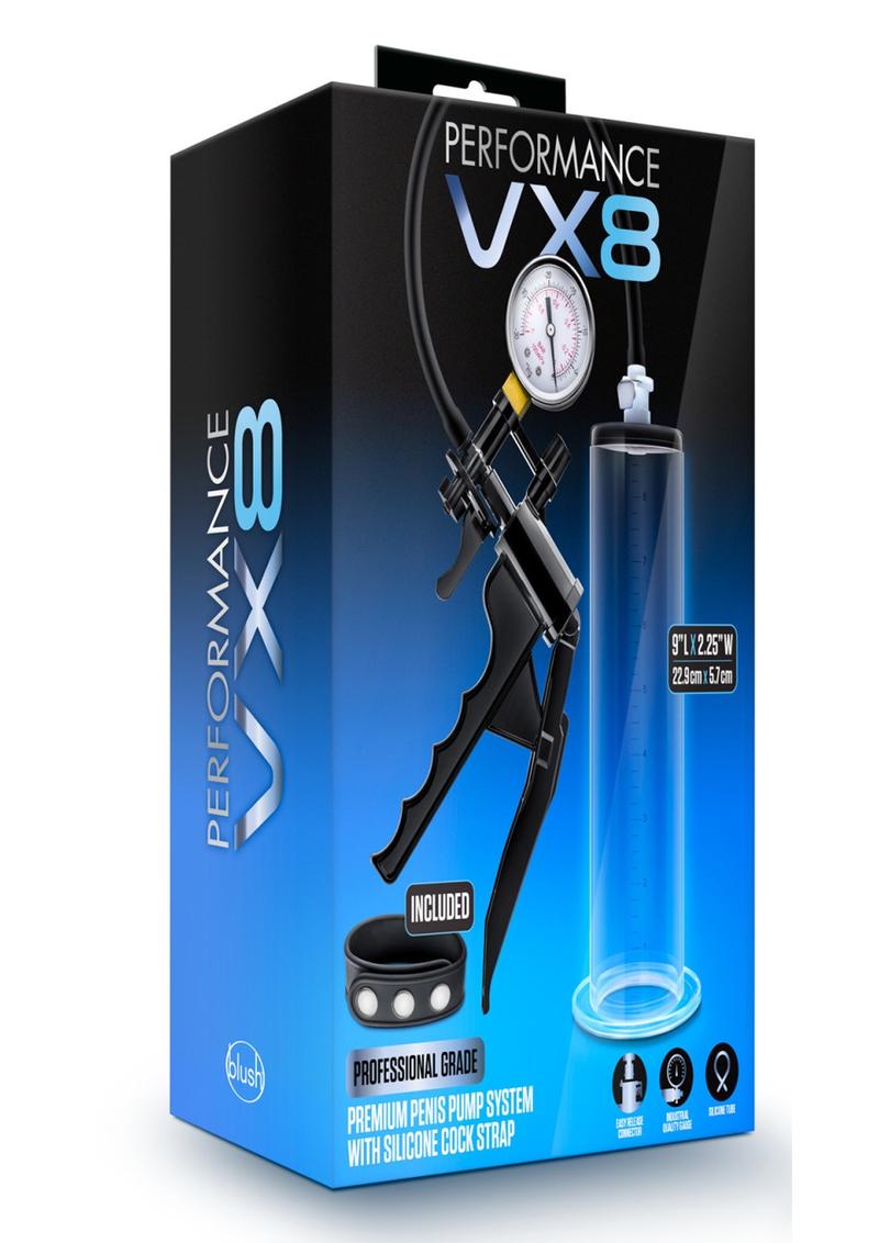 Performance Vx8 Premium Penis Pump System with Silicone Cock Strap - Clear - 9in