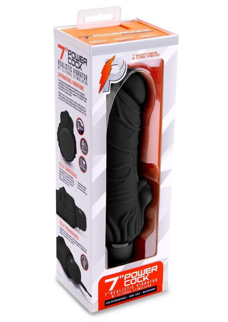 Powercocks Silicone Realistic Vibrator with Clitoral Stimulator - Black - 7in