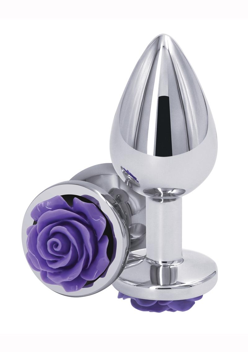 Rear Assets Rose Aluminum Anal Plug - Metal/Purple/Silver - Medium