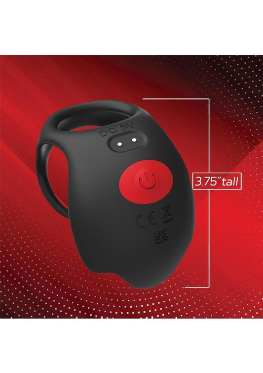 Red Dot Silicone Rechargeable Vibrating Cock Ring with Controller V3 - Black/Red