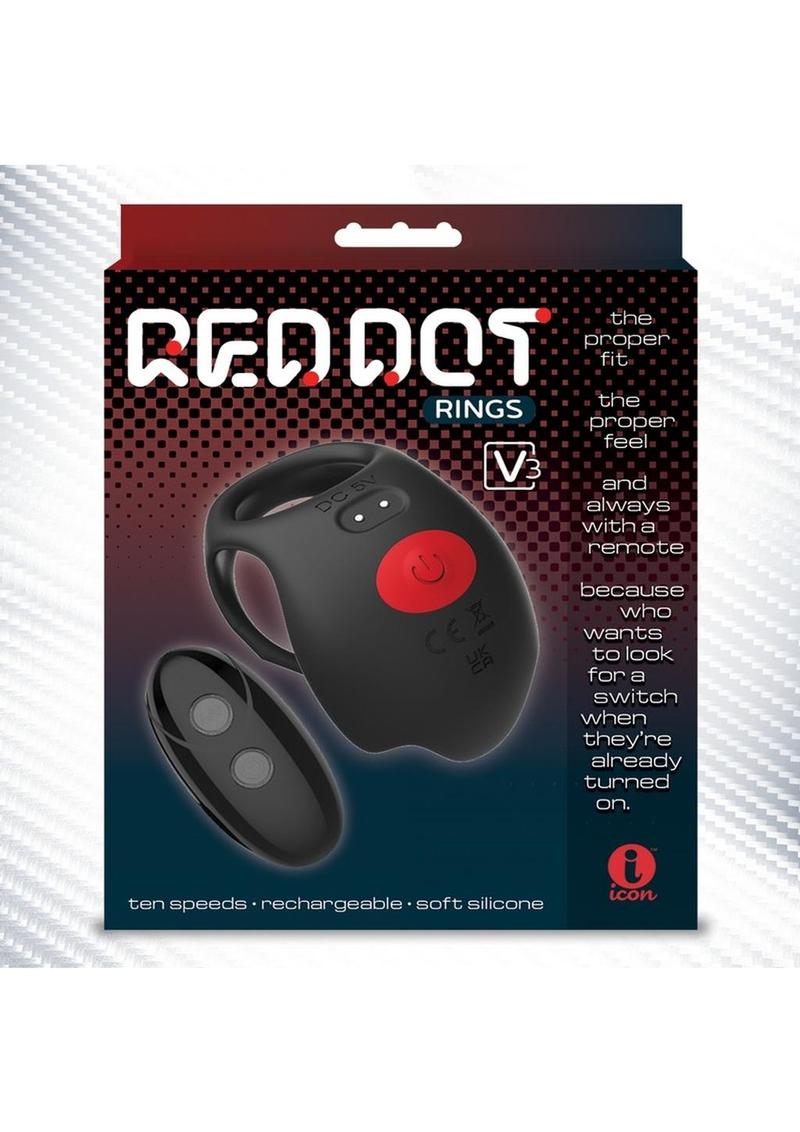 Red Dot Silicone Rechargeable Vibrating Cock Ring with Controller V3 - Black/Red