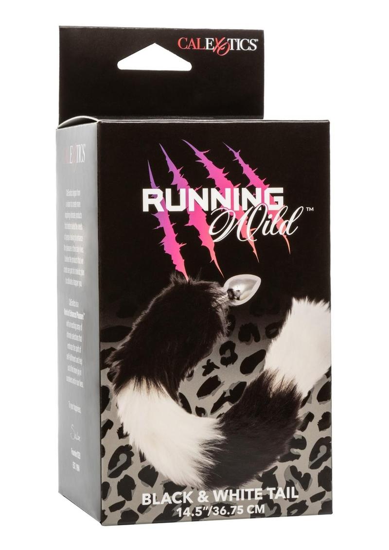 Running Wild Black and White Tail Faux Fur Tail and Metallic Anal Plug - Black/Metal/White