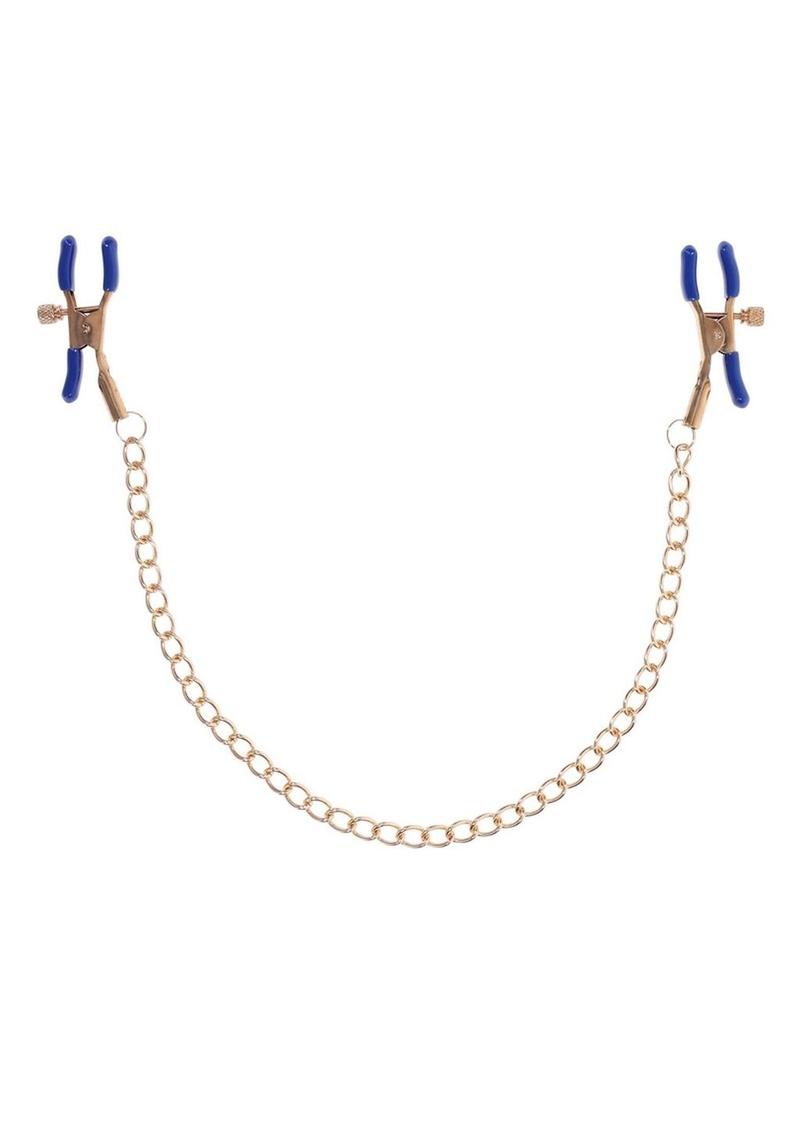 Sex and Mischief Cougar Chained Nipple Clamps - Blue/Gold/Navy