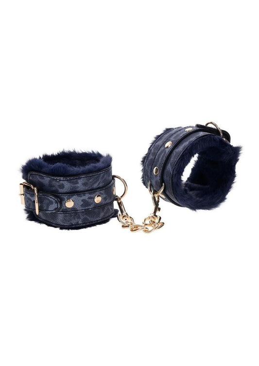 Sex and Mischief Cougar Fur Handcuffs - Blue/Gold/Navy