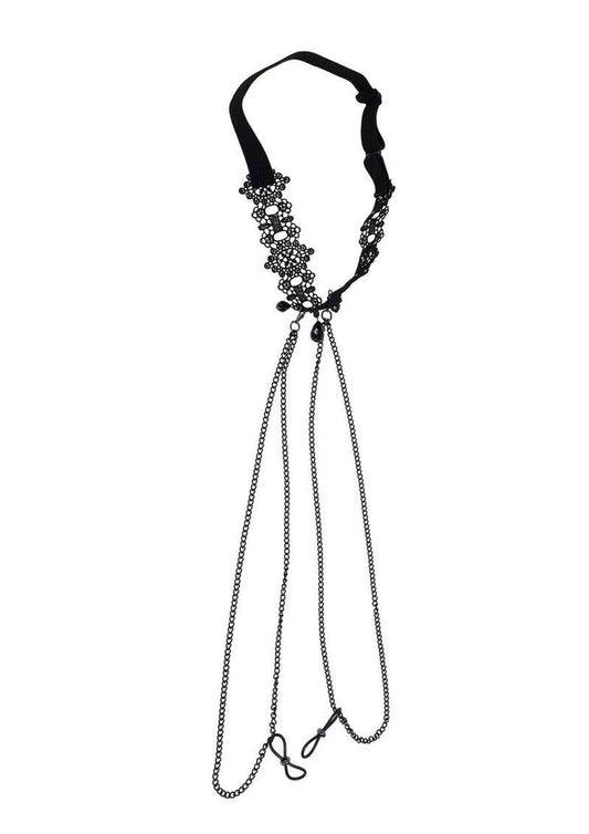 Sex and Mischief Lace Collar with Nipple Ties - Black