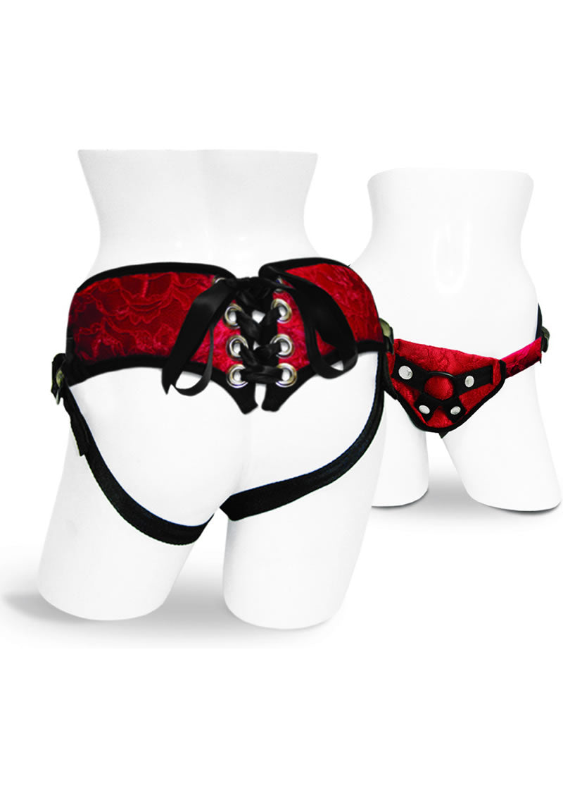 Sportsheets Sunrice Lace Corsette Strap-On Adjustable Harness - Black/Red