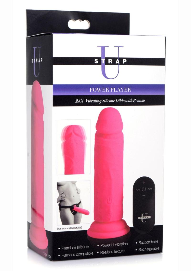 Strap U Power Player 28x Vibrating Silicone Rechargeable Dildo 6.5in with Remote Control - Pink