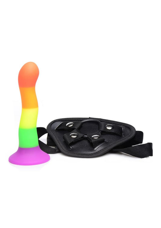 Strap U Proud Rainbow Silicone Dildo with Harness - Multicolor