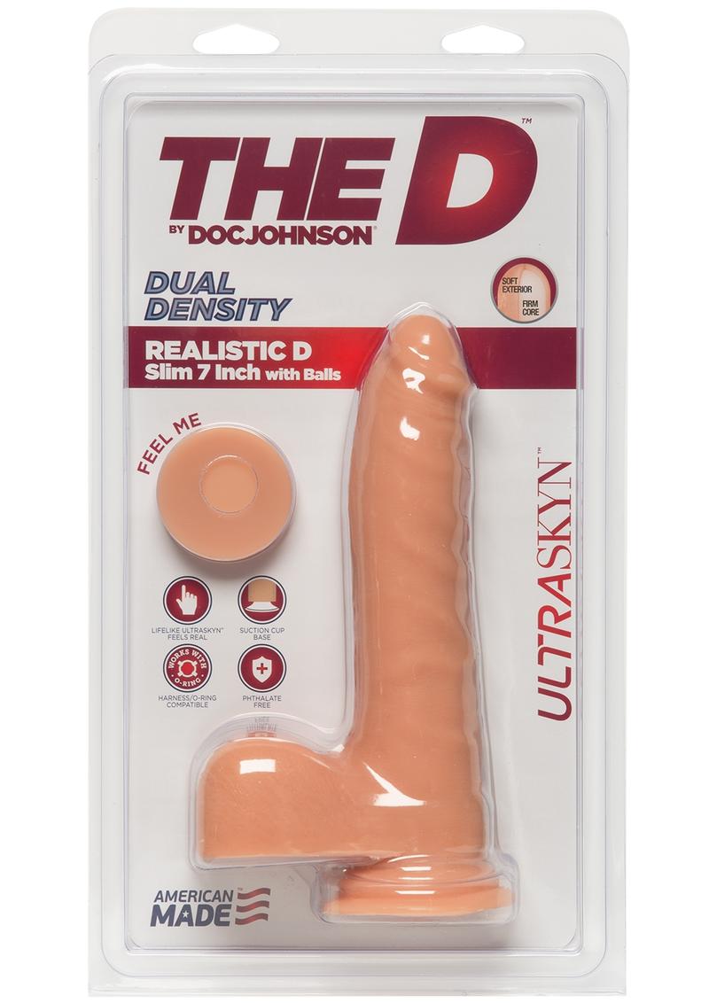 The D Realistic D Ultraskyn Slim Dildo with Balls - Flesh/Vanilla - 7in