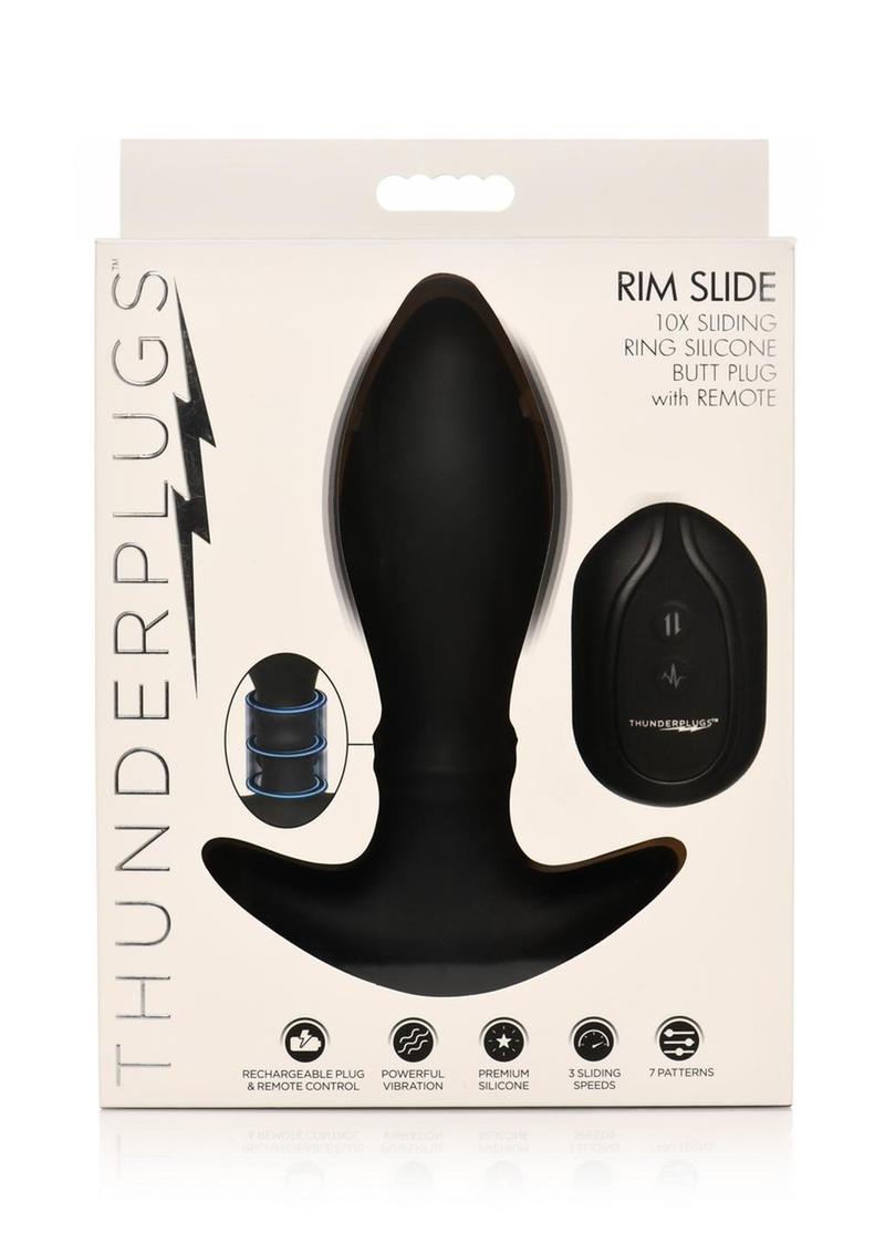 Thunder Plugs Rim Slide 7x Sliding Ring Silicone Rechargeable Butt Plug with Remote Control - Black