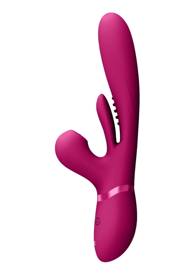 Vive Kura Rechargeable Silicone Triple Motor Thrusting G-Spot with Flapper and Air Wave Clit Stimulation Vibrator - Pink