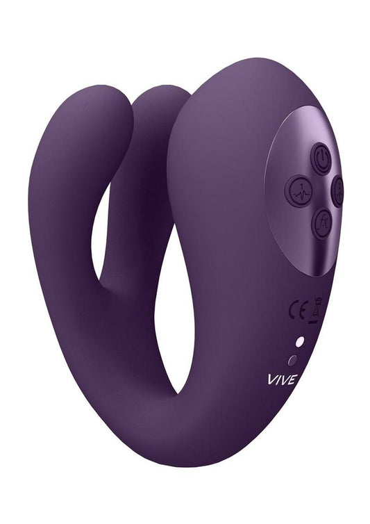 Vive Yoko Rechargeable Silicone Tripe Motor Dual Prongs with Clitoral Pulse Wave Vibrator - Purple